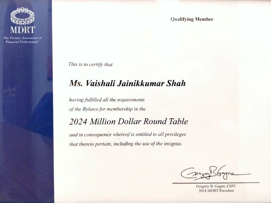 MDRT 2024 Qualifying Member certificate, Vaishali Jainikkumar Shah